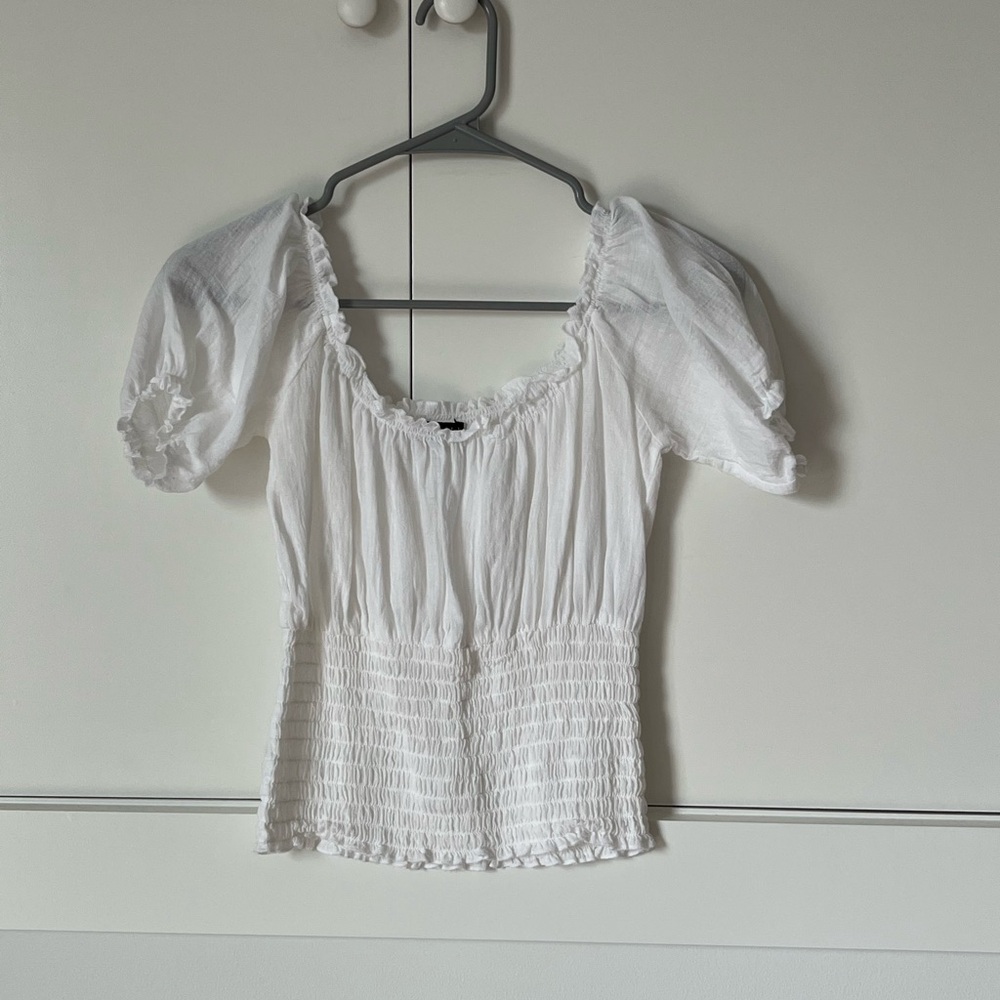 VENUS White Puff Sleeve Smocked Waist Peasant Blouse
